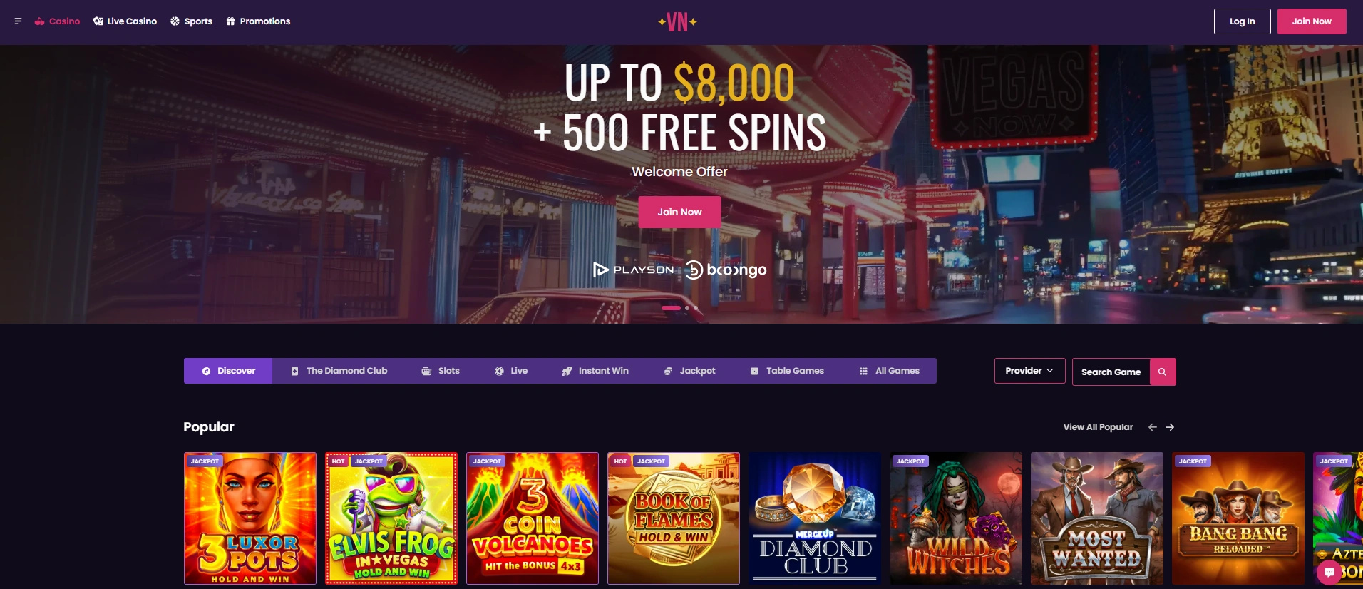 VegasNow casino homepage overview