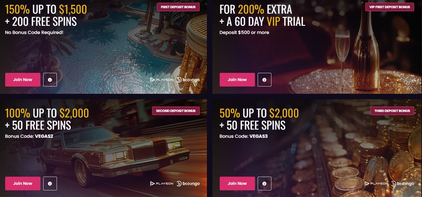 VegasNow casino promotions and bonus cards